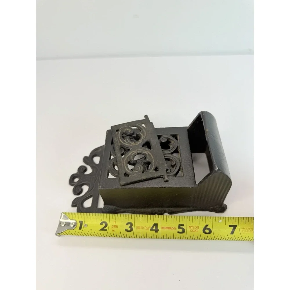 Black Ornate Cast Iron Wall Mount Match Box Holder Dispenser Vintage Decor
